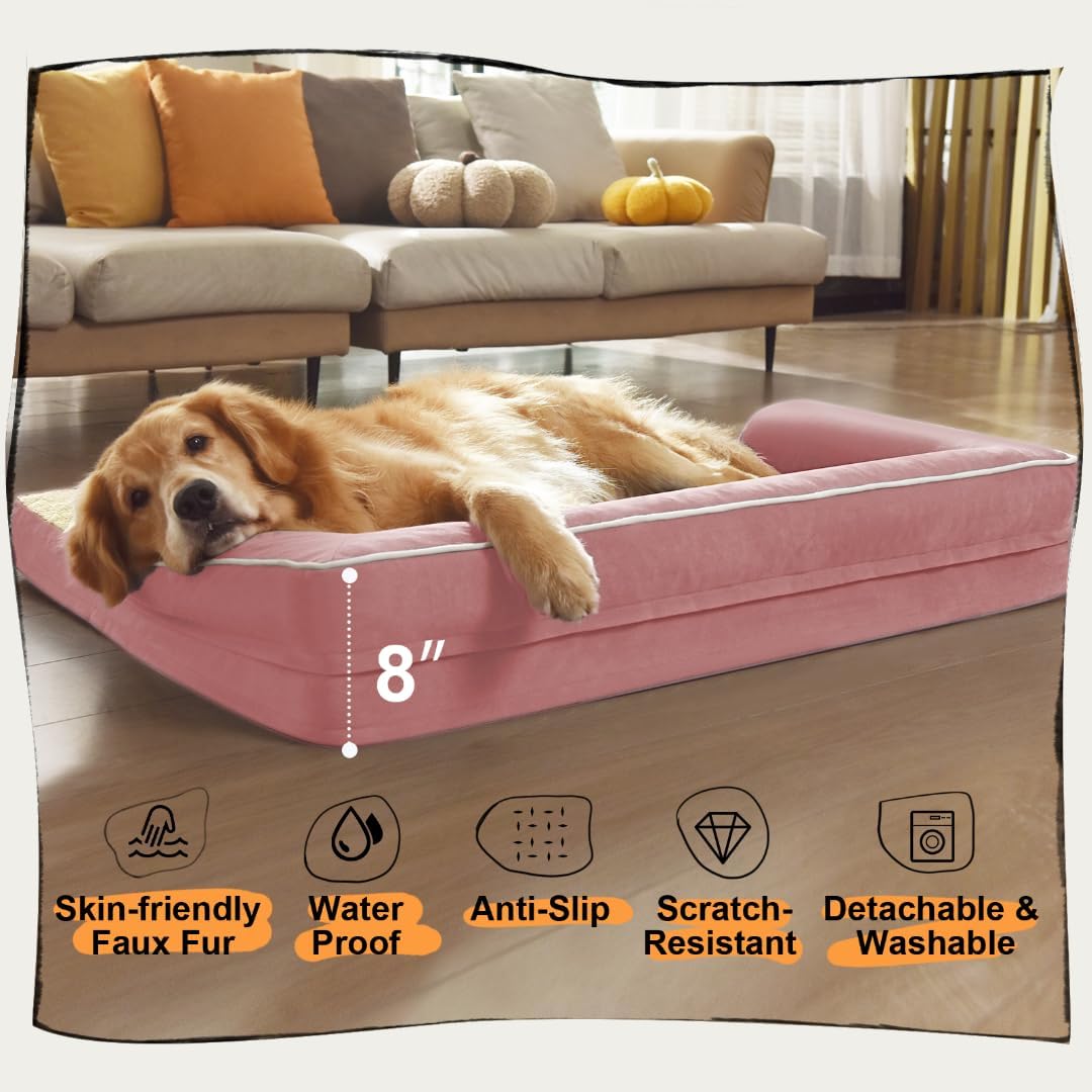 Large Dog Bed Orthopedic Washable Extra Pink XL XLarge Big Dog Bed with Washable Bolster & Memory Foam Couch Sofa - Waterproof with Removable Cover