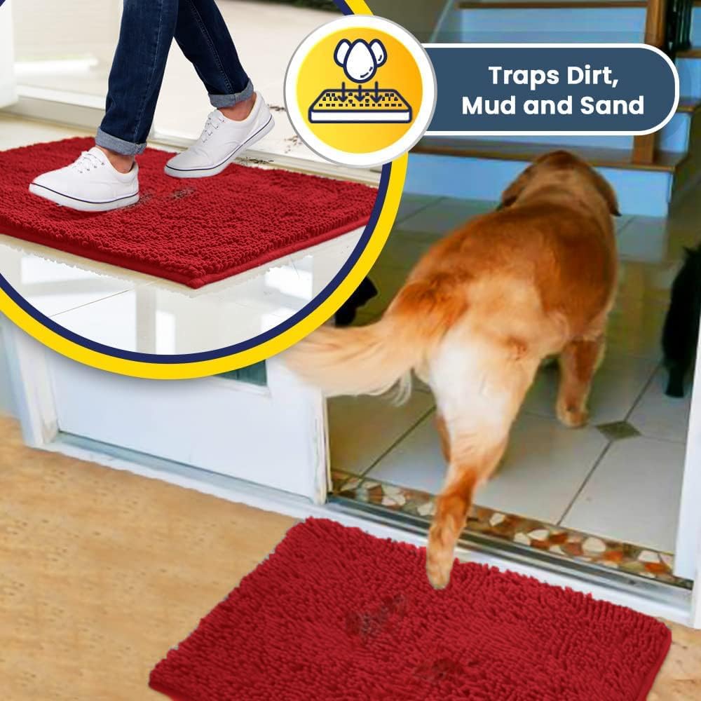 Muddy Mat® AS-SEEN-ON-TV Highly Absorbent Microfiber Door Mat and Pet Rug, Non Slip Thick Washable Area and Bath Mat Soft Chenille for Kitchen Bathroom Bedroom Indoor and Outdoor - Red 3ft x 8ft