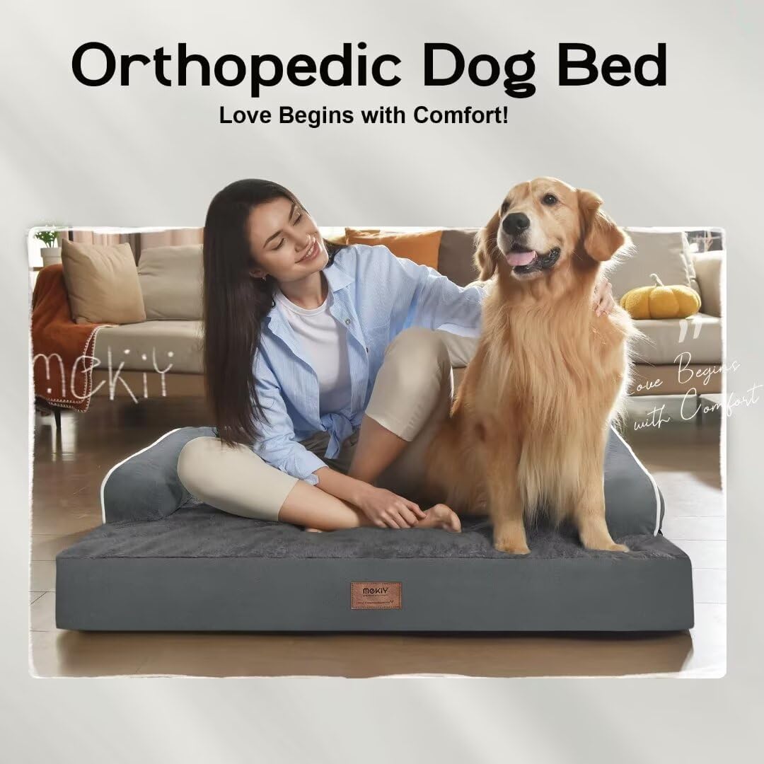 Large Dog Bed Orthopedic Washable - Beds Bolster - Extra XL XLarge Big Dogs - Memory Foam Couch Sofa - Waterproof with Removable Cover - Dark Grey Dog Bed
