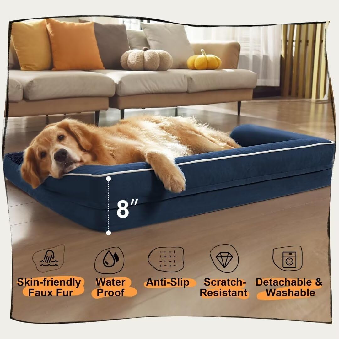 Extra Large Dog Bed-Orthopedic Waterproof XL Dog Bed for XLarge Extra Big Dogs - Foam Couch Sofa Washable with Removable Cover-Navy Blue