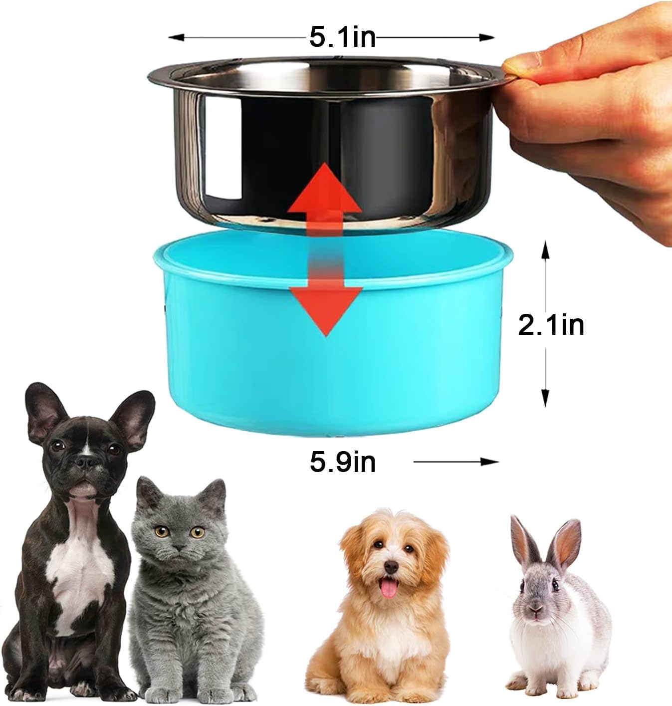 HERCOCCI Dog Crate Bowl, Removable Stainless Steel Pet Kennel Cage Hanging Food Bowls and Water Feeder Coop Cup Prevent Overflow for Puppy, Medium Dog, Cat, Rabbit, Ferret (3PCS)