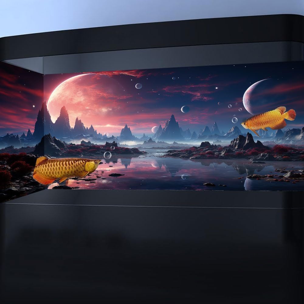 36X24IN Cosmic Spaceterrarium Background, Cool Parallel Space Themed Aquarium Reptile Habitat Background, Red Moon Aquarium Background with 10EVA Double-Sided Tape