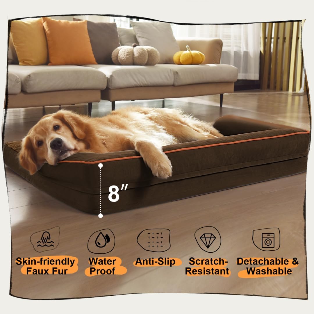 Large Dog Bed Orthopedic Washable - Beds Bolster - Waterproof with Removable Cover - Extra XL XLarge Big Dogs - Memory Foam Couch Sofa - Coffee Dog Bed