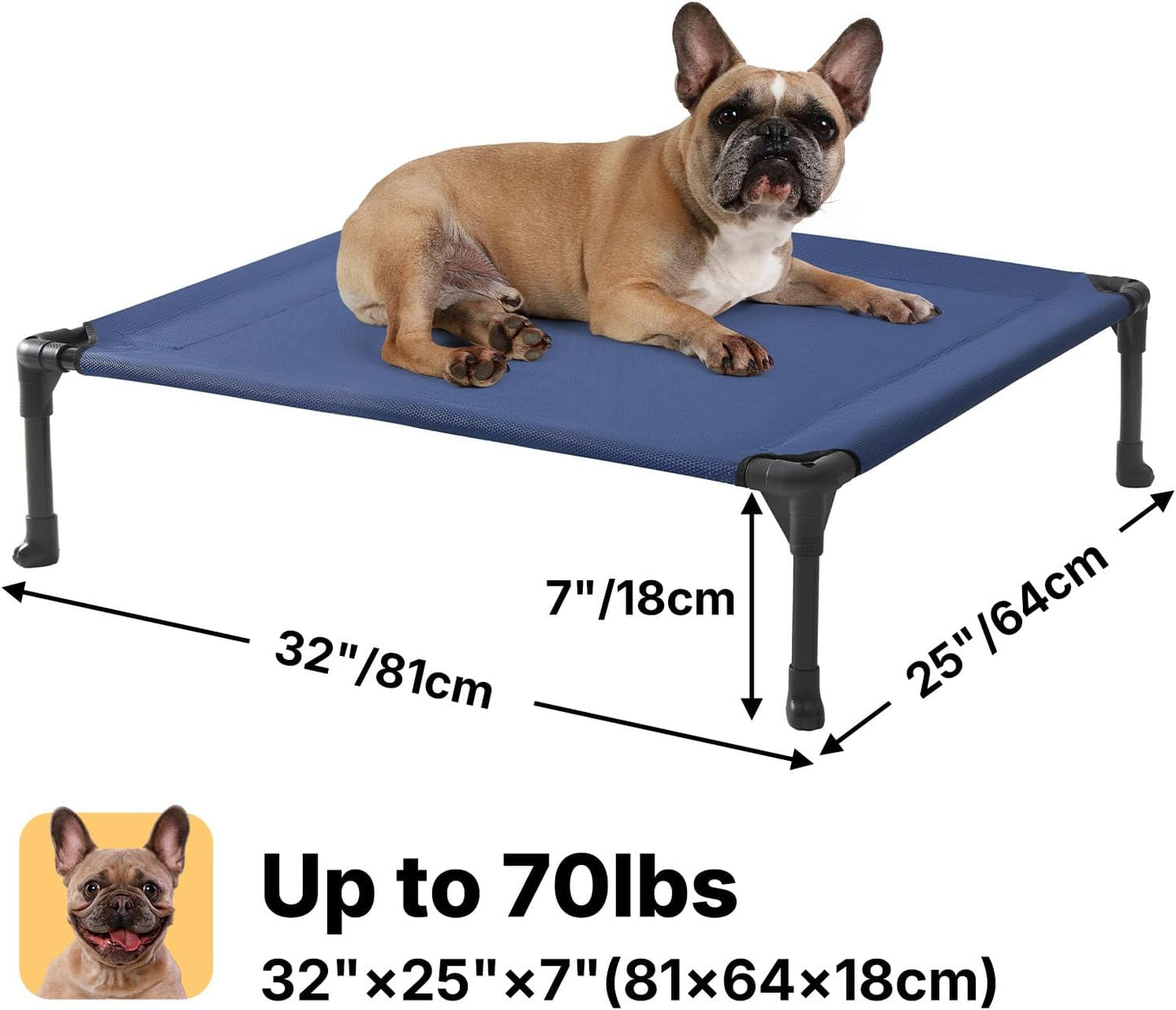 Veehoo Outdoor Elevated Dog Cot Bed, Cooling Raised Pet Bed for Medium Dogs, Washable Breathable Mesh Hammock Bed with No-Slip Feet, Indestructible Ground Off Training Platform Cot-32"x25" Blue