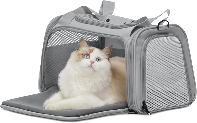 PETSFIT Cat Carrier Airline Approved, Soft Carrier for Small and Medium Cats Under 12 Lbs, Soft Cat Travel Bag, Kitten Carrier with Extendable Mat, Grey