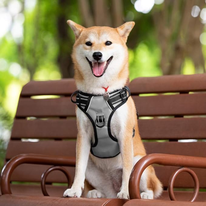 PoyPet No Pull Dog Harness, Reflective Comfortable Vest Harness with Front & Back 2 Leash Attachments and Easy Control Handle Adjustable Soft Padded Pet Vest for Small to Large Dogs (Gray,XL)