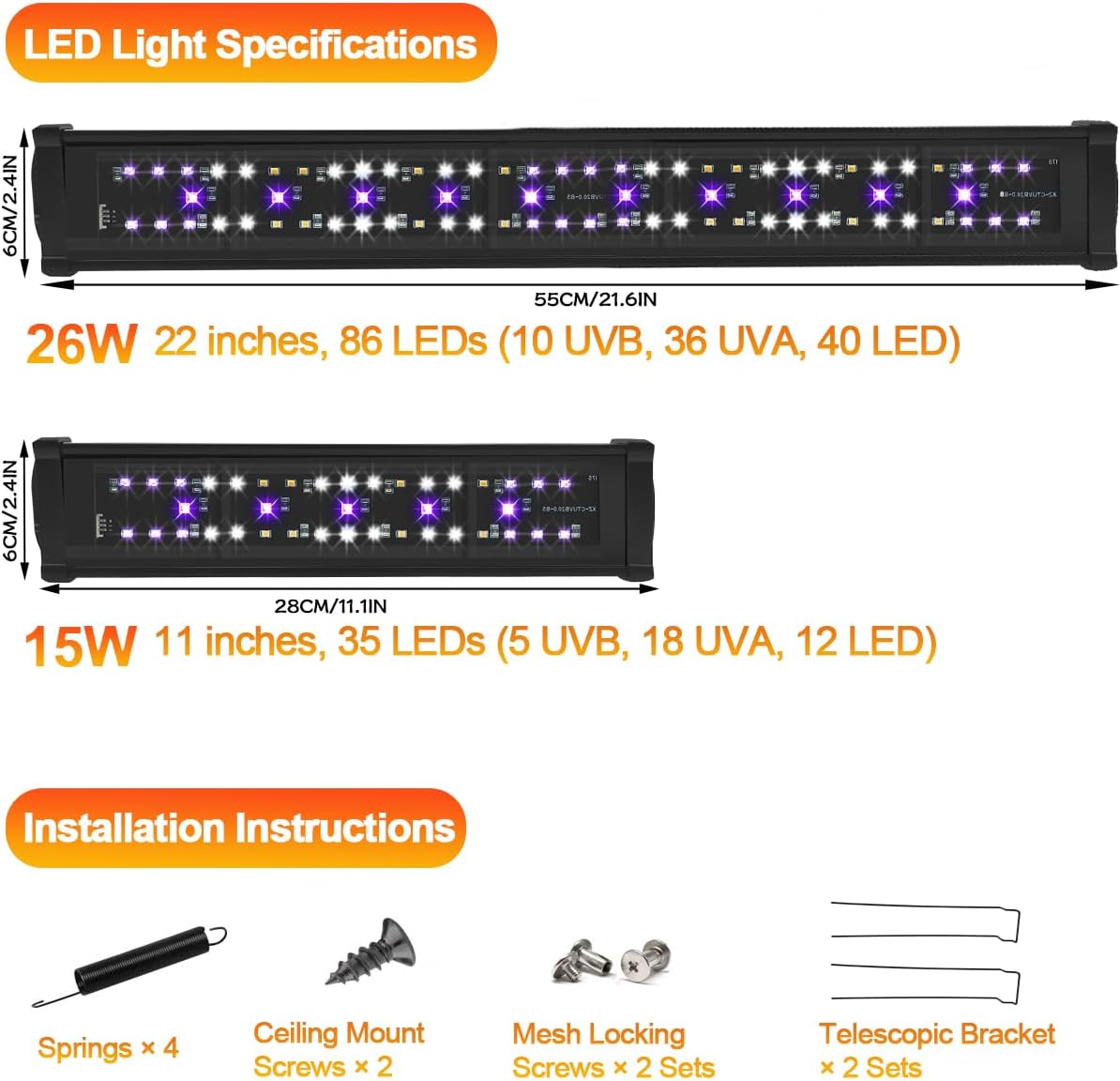 22-Inch LED UVB Light Fixture for Reptiles, Adjustable 10.0–20.0 UVA UVB Lamp with Dimming & Timer, 26W Aluminum Light for Bearded Dragons, Turtles, Snakes – Full Spectrum UVI Lighting for Tanks