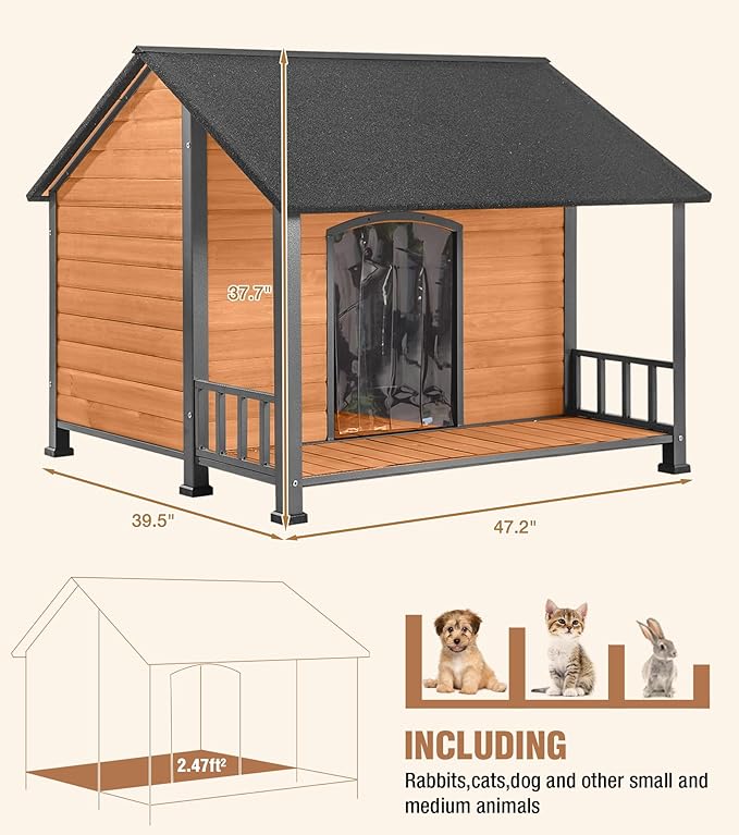 Extra Large Dog House Outdoor for Large Dogs, Insulated Dog House with Metal Frame, Waterproof Dog Shelter with Asphalt Roof, PVC Curtain & Multifunctional Patio, Indoor Outdoor Use