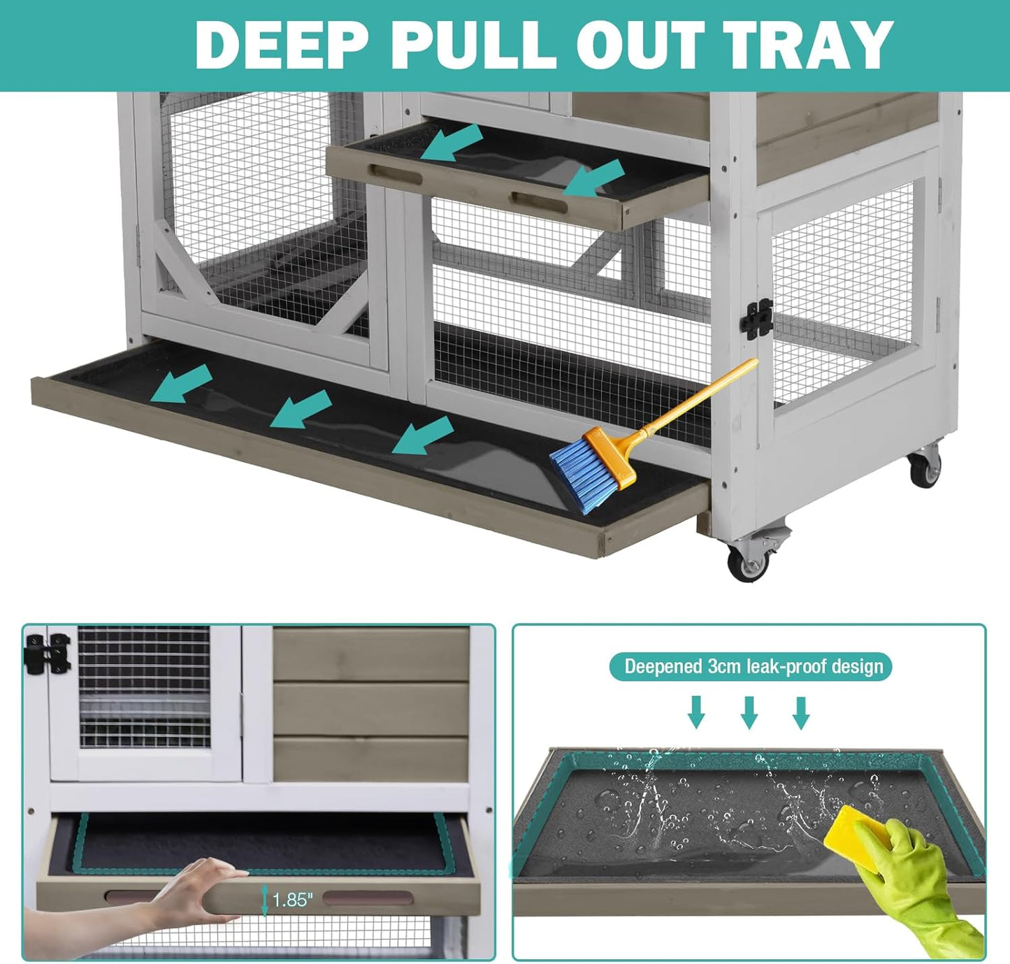 Rabbit Hutch Indoor for 2-4 Rabbits & Guinea Pigs,Bunny Cage with Slide-Out Plastic Trays,Wooden Small Animal Cage for Rabbits, Bunnies, and Guinea Pigs (Light Brown)