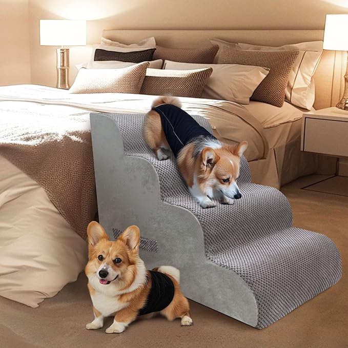 PAWSCART Dog Stairs for Small Dogs and Cats, 4-Step Dog Steps for Bed, 19.6" H Pet Stairs for High Bed, Pet Ramp for Couch, Sofa, Non-Slip Surface Removable Washable Cover, LightGrey