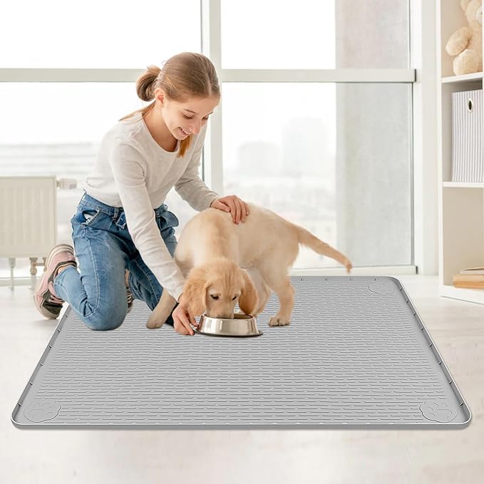 Cat Food Mat, 40" x 28" Extra Large Silicone Pet Feeding Mat with Raised Edge Pet Placemat for Food and Water Bowl Non-Slip, Easy to Clean, Floor Protection (Grey)