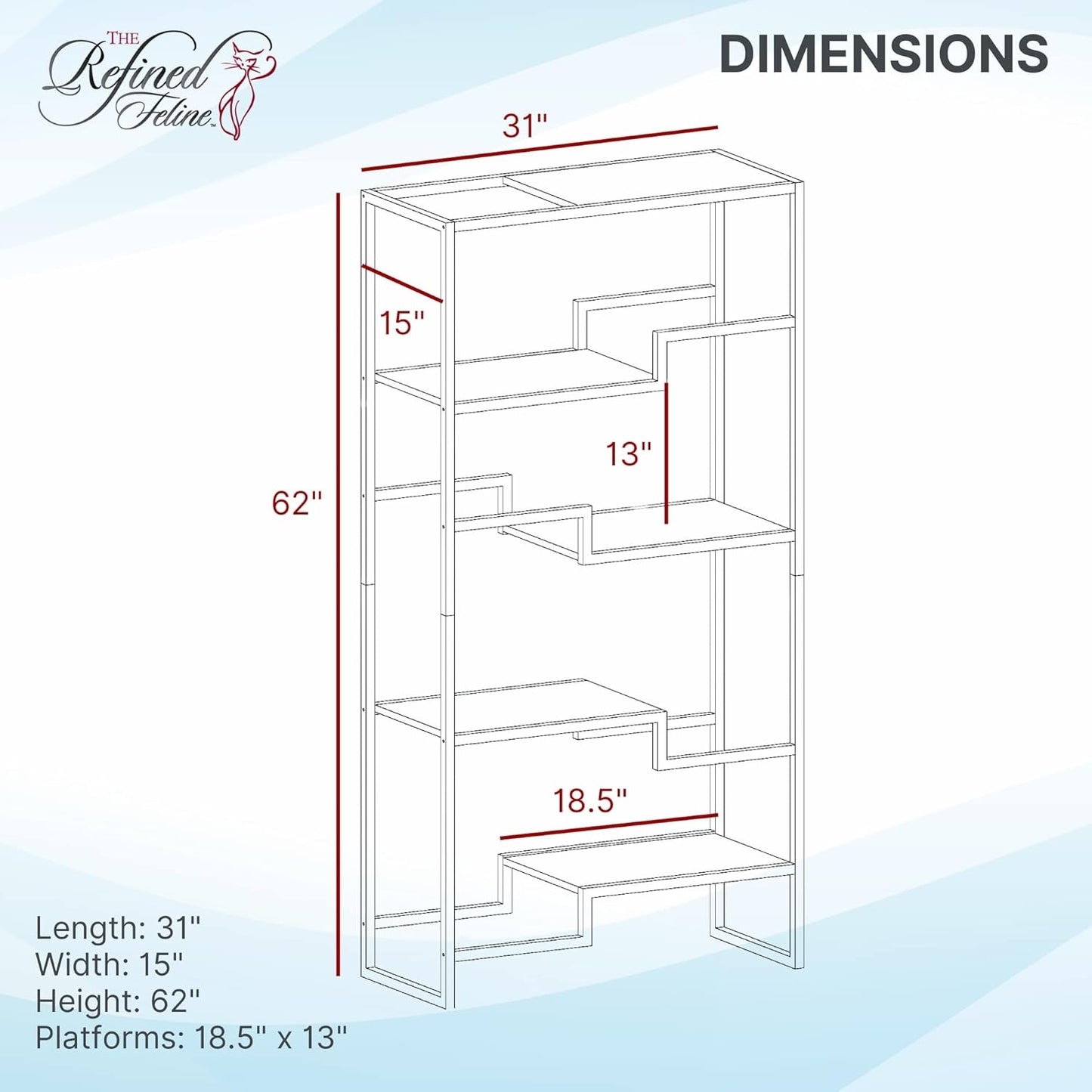 THE REFINED FELINE 62 Inch Tall Metropolitan Cat Condo, Gold Metal Frame Cat Tower, Multi-Level Modern Cat Tree for Indoor Cats, Brown Platforms with Gray Replaceable Cushions & Scratching Post