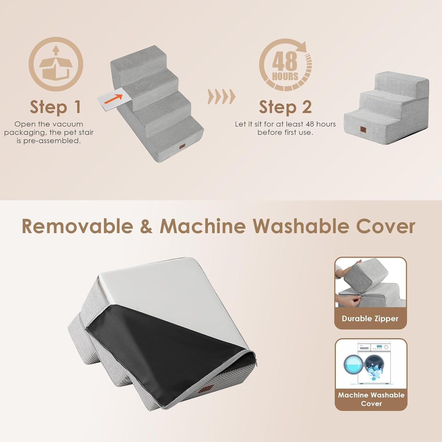 EHEYCIGA Dog Stairs for Small Dogs 13.5" H, 3-Step Dog Steps for Couch Sofa and Chair, Pet Steps for Medium Cats, Non-Slip Balanced Pet Ramp Indoor, Light Grey