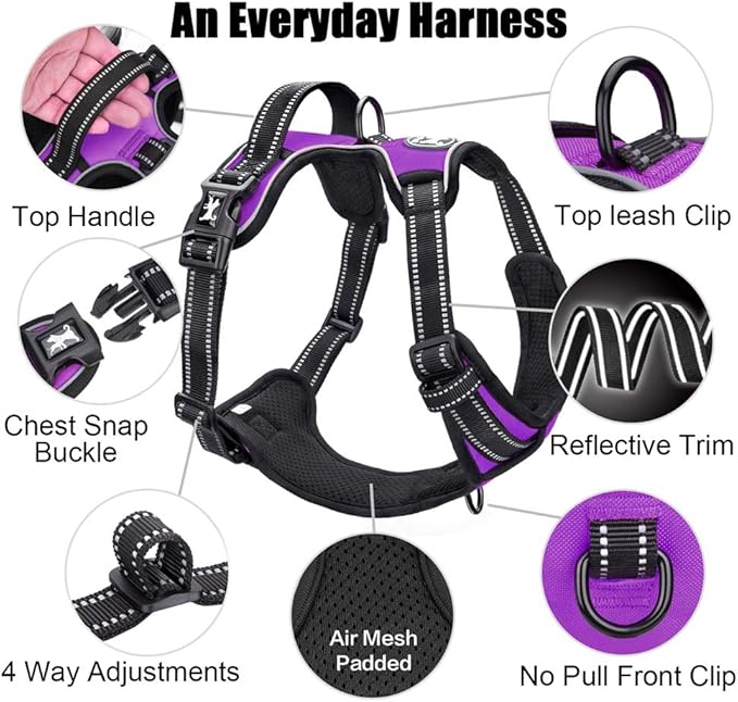 PoyPet No Pull Dog Harness, Reflective Comfortable Vest Harness with Front & Back 2 Leash Attachments and Easy Control Handle Adjustable Soft Padded Pet Vest for Small to Large Dogs (Purple,XL)