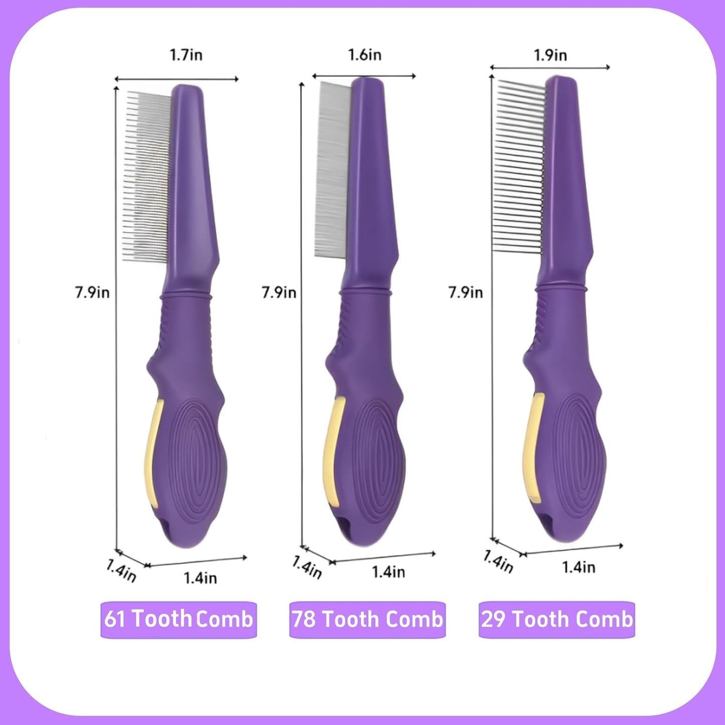 Temapex 3PCS Pet Comb for Grooming Long & Short Haired Cats & Dogs With Stainless Steel Metal Teeth for Removes Tangles & Flea, Non-Slip & Anti-Static Rubber Handle, Safe & Gentle