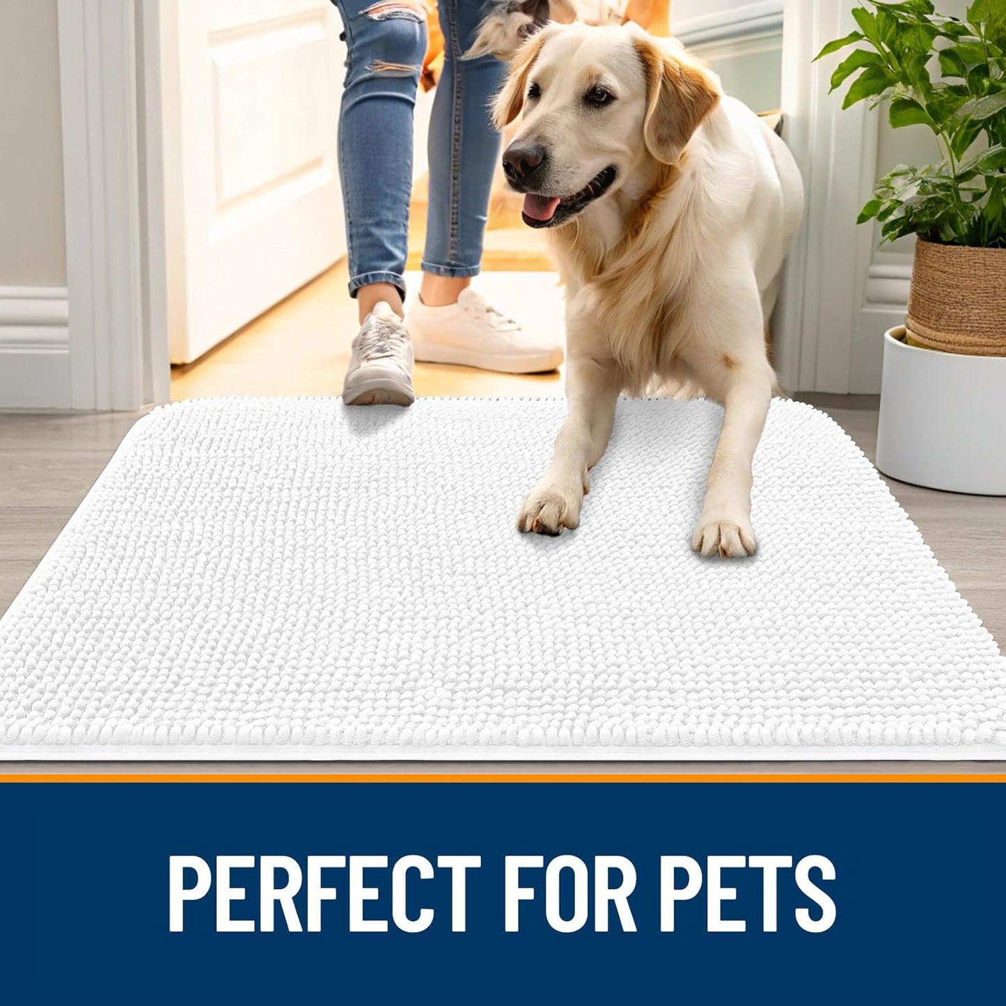 OLANLY Dog Door Mat for Muddy Paws 59x24, Absorbs Moisture and Dirt, Absorbent Non-Slip Washable Doormat, Quick Dry Chenille Mud Mat for Dogs, Entry Indoor Entryway Carpet for Inside Floor, White