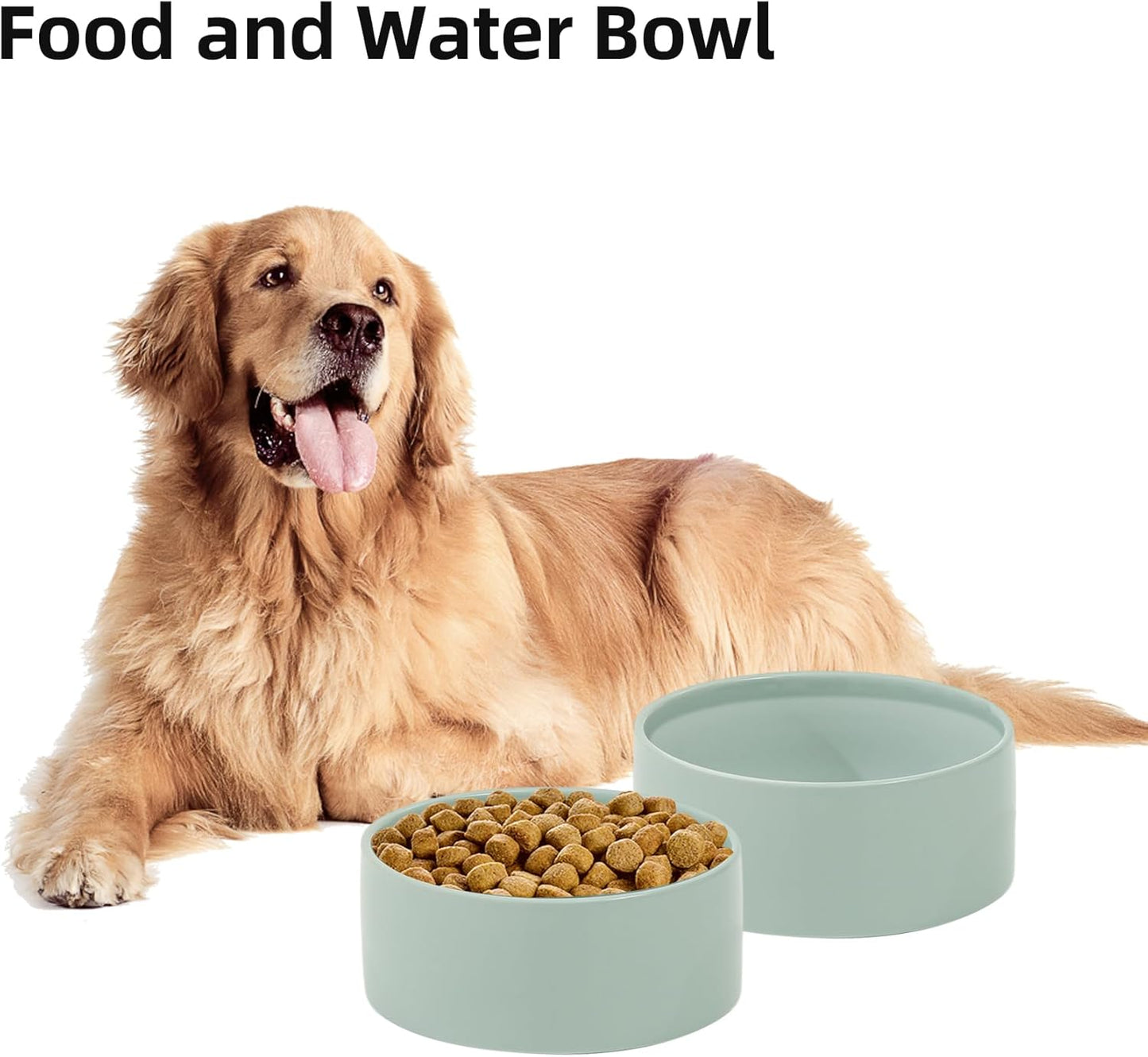 Ceramic 8.2inch Dog Bowl for Large-Breed Dogs, Anti-Slip and Weighted Pet Food and Water Bowl (Single Bowl - Light Green)