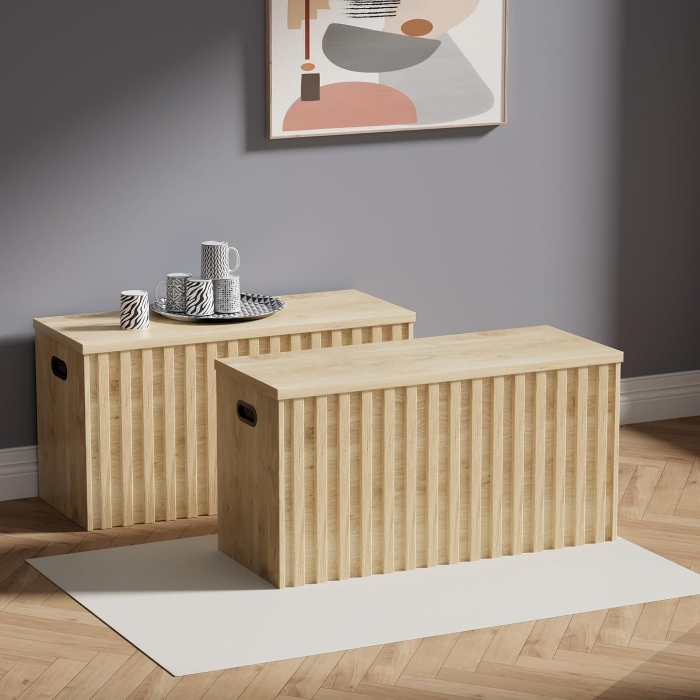 UEV Storage Bench Set of 2, 39.4" Wood Storage Trunk with 2 Safety Hinges, Sturdy Storage Chest, Fluted Storage Bench for Bedroom, Shoe Bench for Entryway, Living Room (Ivroy White)