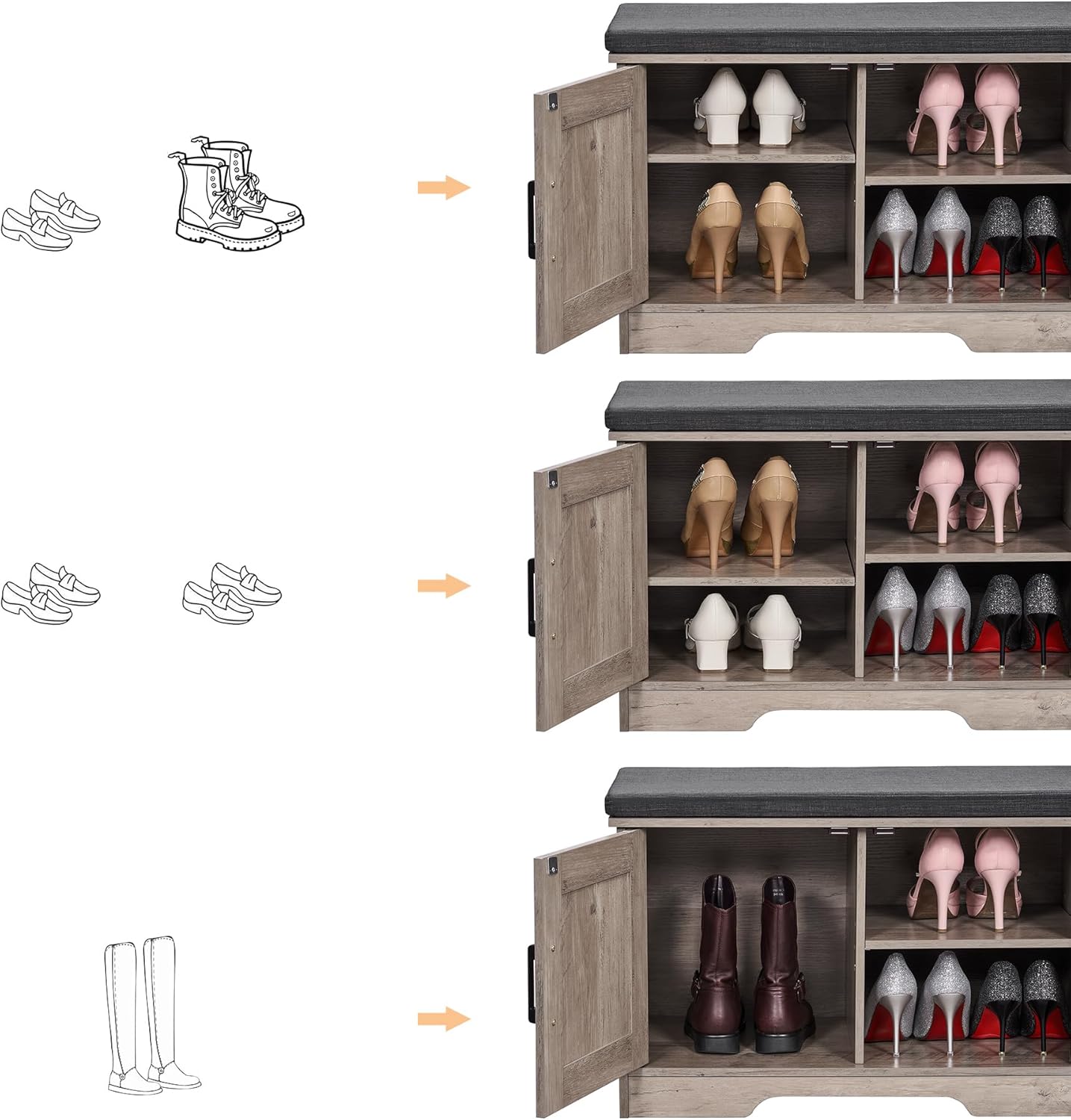 2-Tier Storage Bench, Shoe Bench with Padded Seat Cushion, Entryway Bench with 2 Barn Doors, Adjustable Shelf, 13.8" D x 27.6" W x 17.7" H, for Entryway, Living Room, Bedroom, Greige