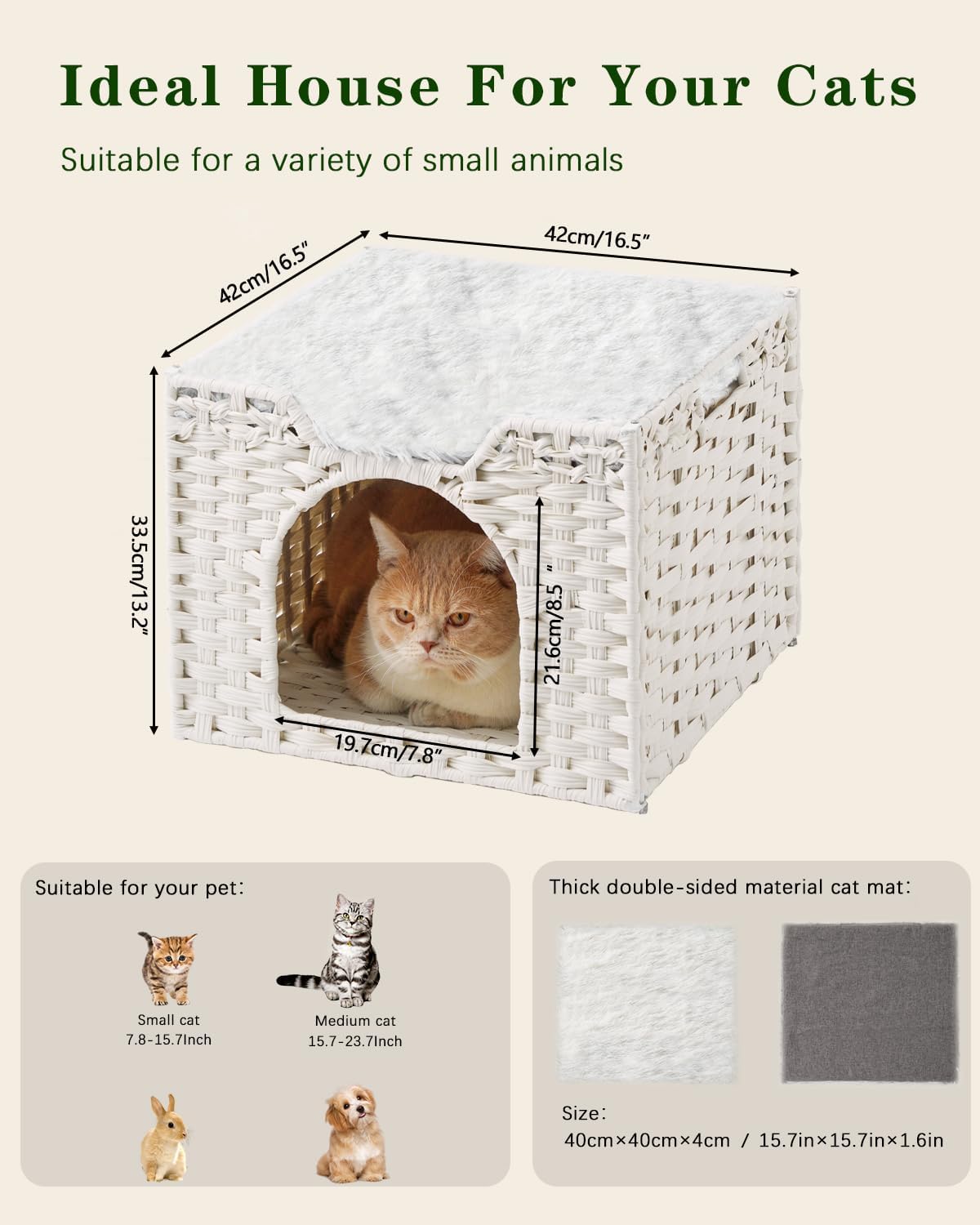 Cat Beds Indoor Kitten House, Handwoven Rattan Cat Cave Pet Cube, Large Cat Houses, One Bed Mat, Foldable, Hideaway, 16.5x16.5x13.2 Inches, 2 S-Shaped Hooks in Living Room Bedroom White
