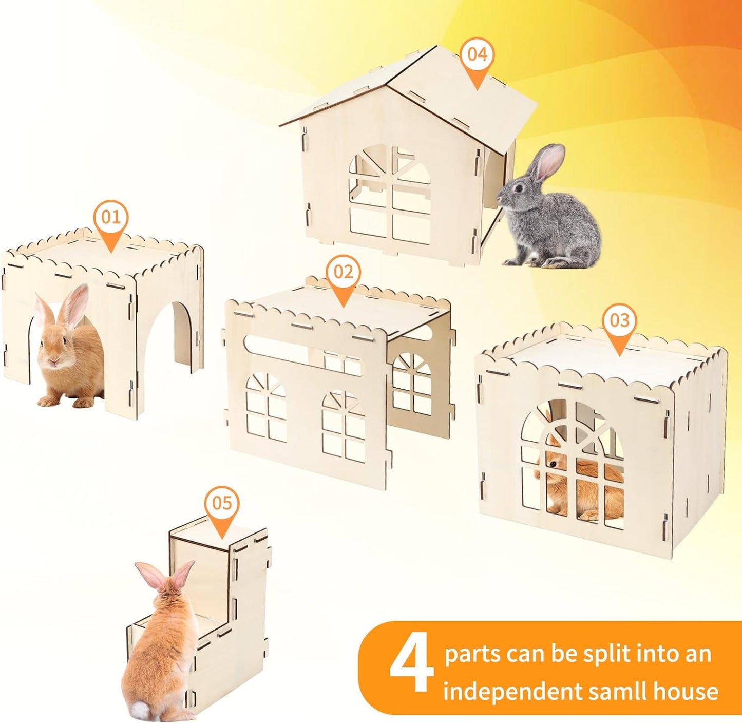 Extra Large Bunny Castle Hideout, Wooden Bunny House and Hideouts Detachable Rabbits Hideaway, Indoor Rabbit Castles Sturdy Small Animal Play Hideaway Hut for Rabbits, Guinea Pigs, Chinchillas