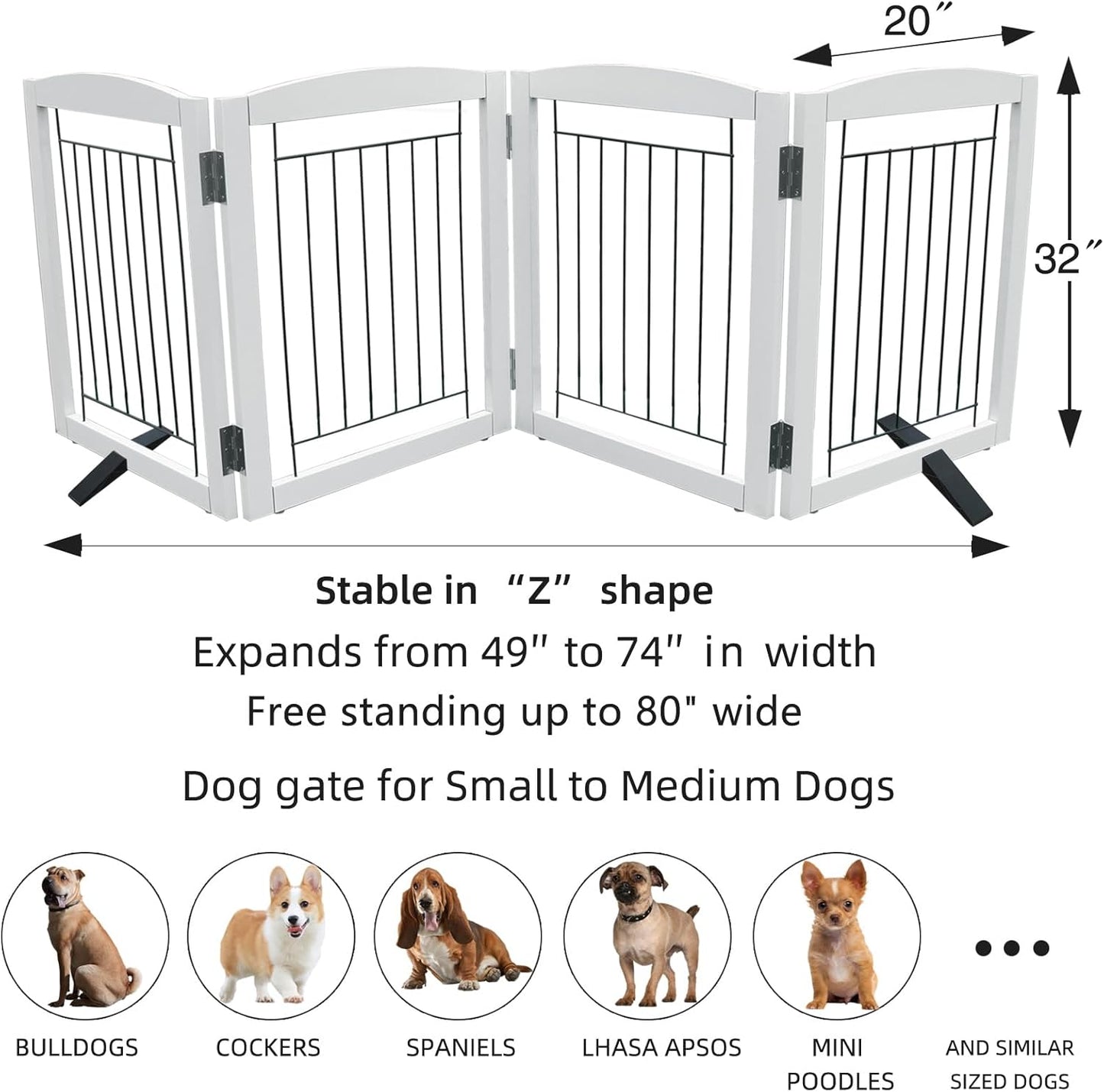 ZJSF Freestanding Dog Fence Indoor, Foldable Dog Gate for Doorways, Stairs or Hallways, Sturdy Wood Extra Wide Pet Gate with Support Feet for The House, White, 32 "Height-4 Panels