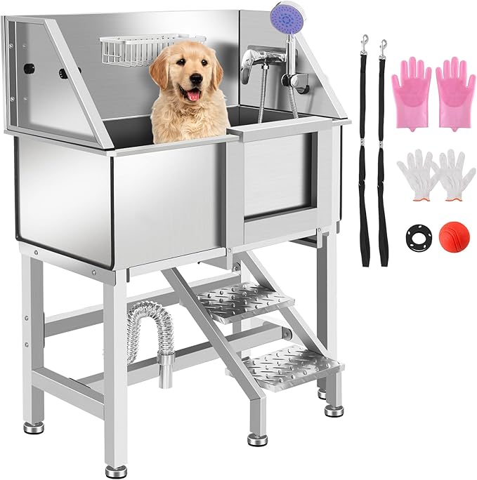 Professional Stainless Steel Dog Grooming Bathtub Station Wash Shower Sink with Faucet Walk-in Ramp and Accessories Pet Grooming Bathtub Station,34" R-RAMP