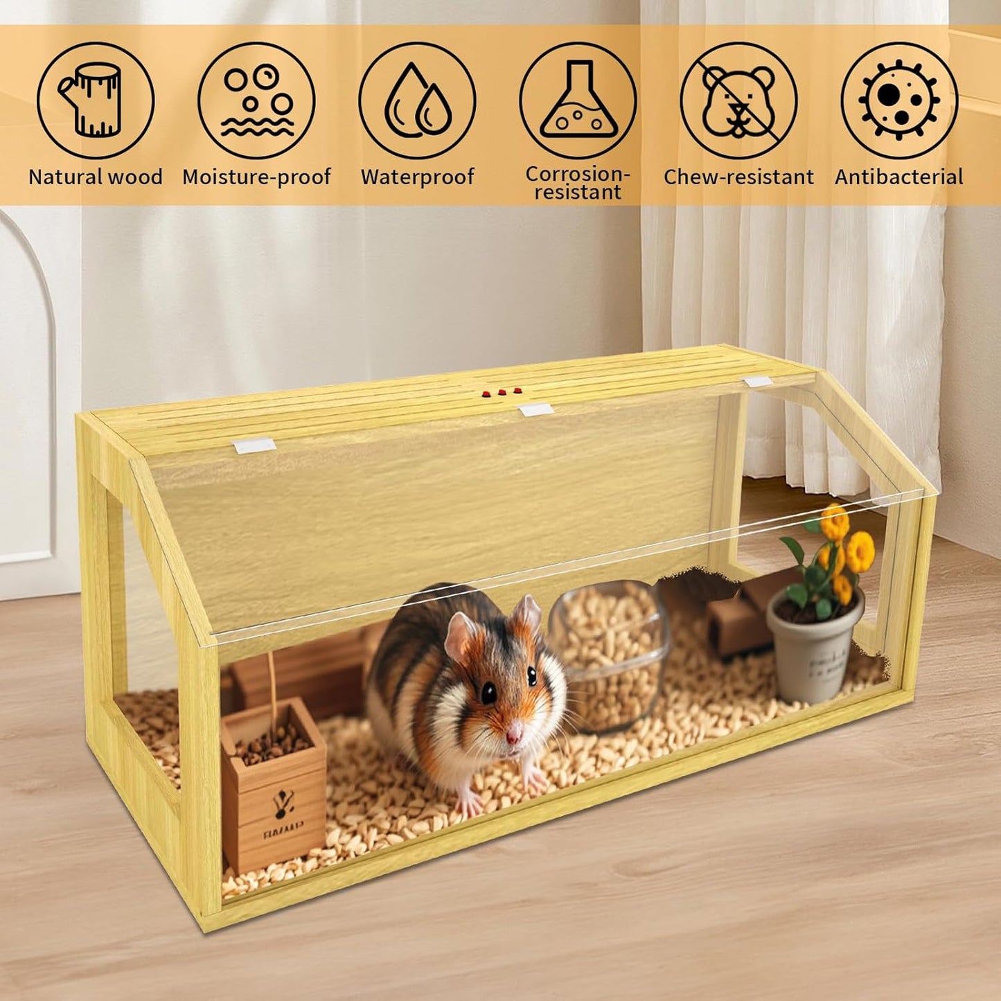 Large Hamster Cage, Chewproof Large Hamster Habitats, Wooden Guinea Pig Cages, Openable Top Roof, Lockable Gerbil Cage, Small Animal Cage for Dwarf, Syrian, 48" L x 20" W x 20" H