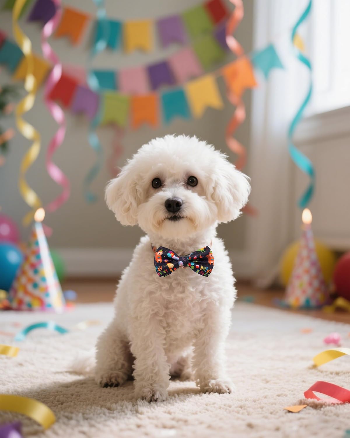 PET SHOW 5 Pack Happy Birthday Small Dog Bow Ties Sliding Collar Attachment Puppies Cats Pet Bowties for Party Balloon Cake Bowknots Collar Charms Grooming Accessories