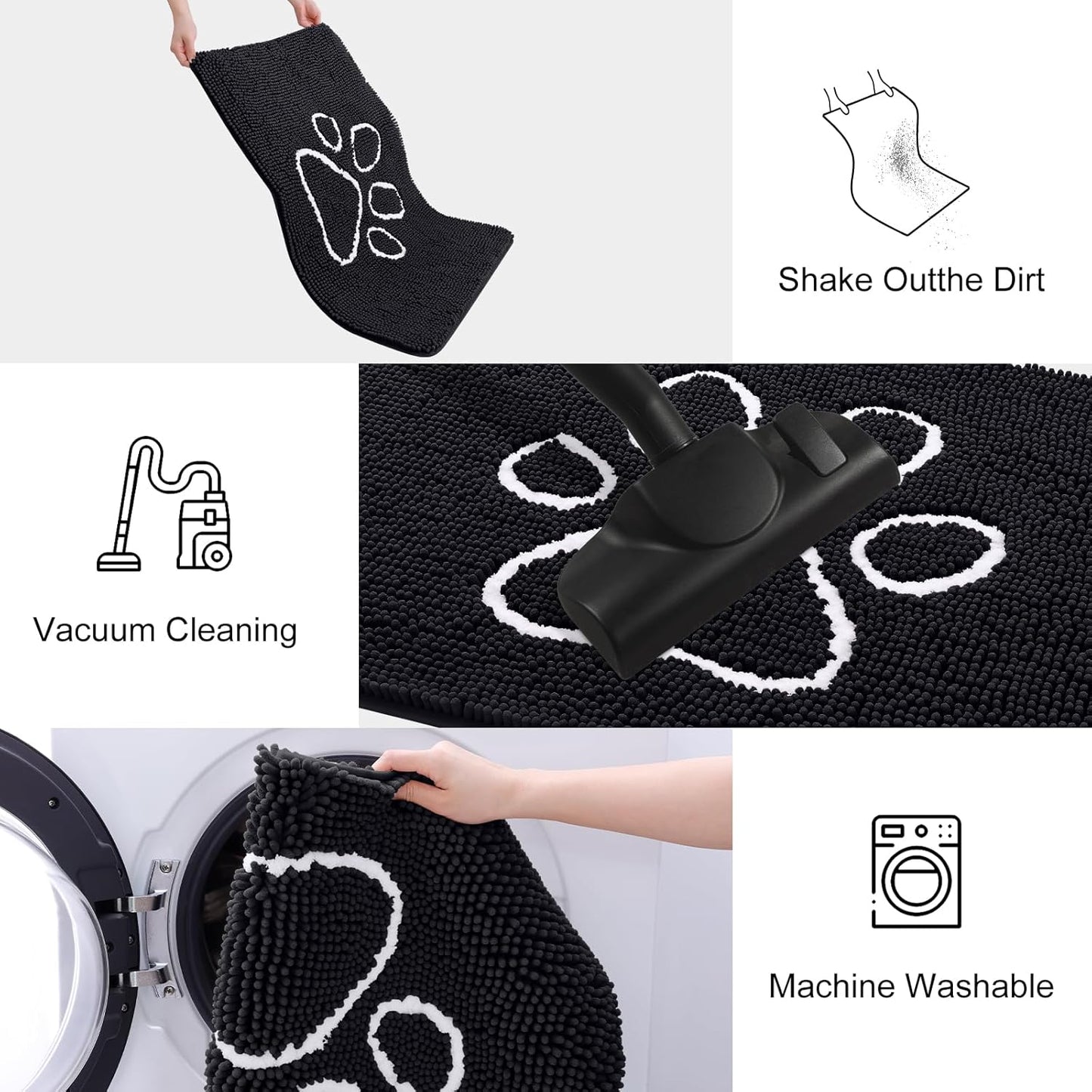 Smiry Dog Door Mat for Muddy Paws, Absorbent Dirt Trapper Non Slip Quick Dry Washable Chenille Mat for Mud Dogs, Entry Rug for Indoor and Outdoor (47x24 Inches, Black)