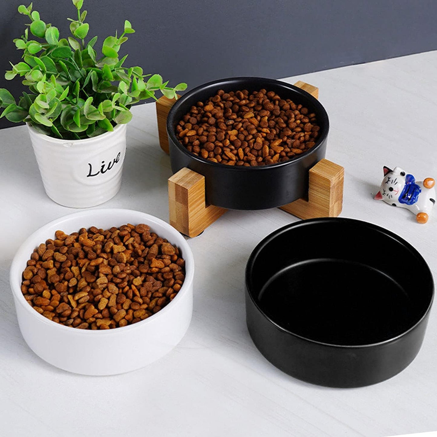 Petygooing Ceramic Black Cat Dog Bowl Set with Stand,Small Dog Bowls, Pet Food and Water Dish, Anti Slip Set of 2 Cat Bowl-Pet Food Dishes- Pet Bowls Small Size Pet (13.5OZ/5.1 in)