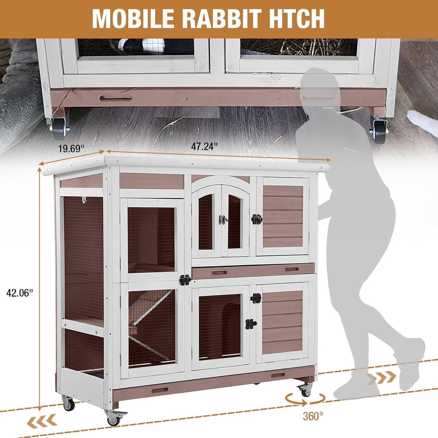 Rabbit Hutch Indoor Bunny Cage Outdoor with Casters, Guinea Pig Cage for Small Animals, Bunny Hutch with Two Plastic Trays 47inch