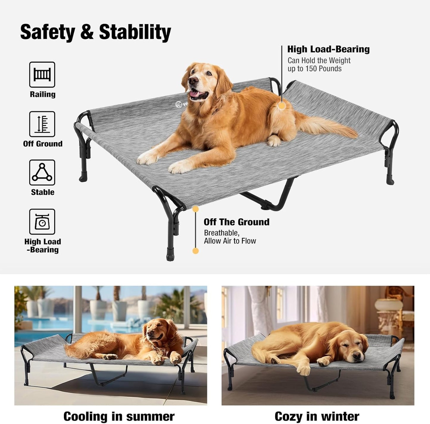 Veehoo Cooling Elevated Dog Bed, XL Raised Pet Cot with Guardrail & Slope Headrest, Durable Breathable Teslin Mesh, Non-Slip Feet, Washable Dog Couch Bed for Indoor & Outdoor, X Large, Black Silver