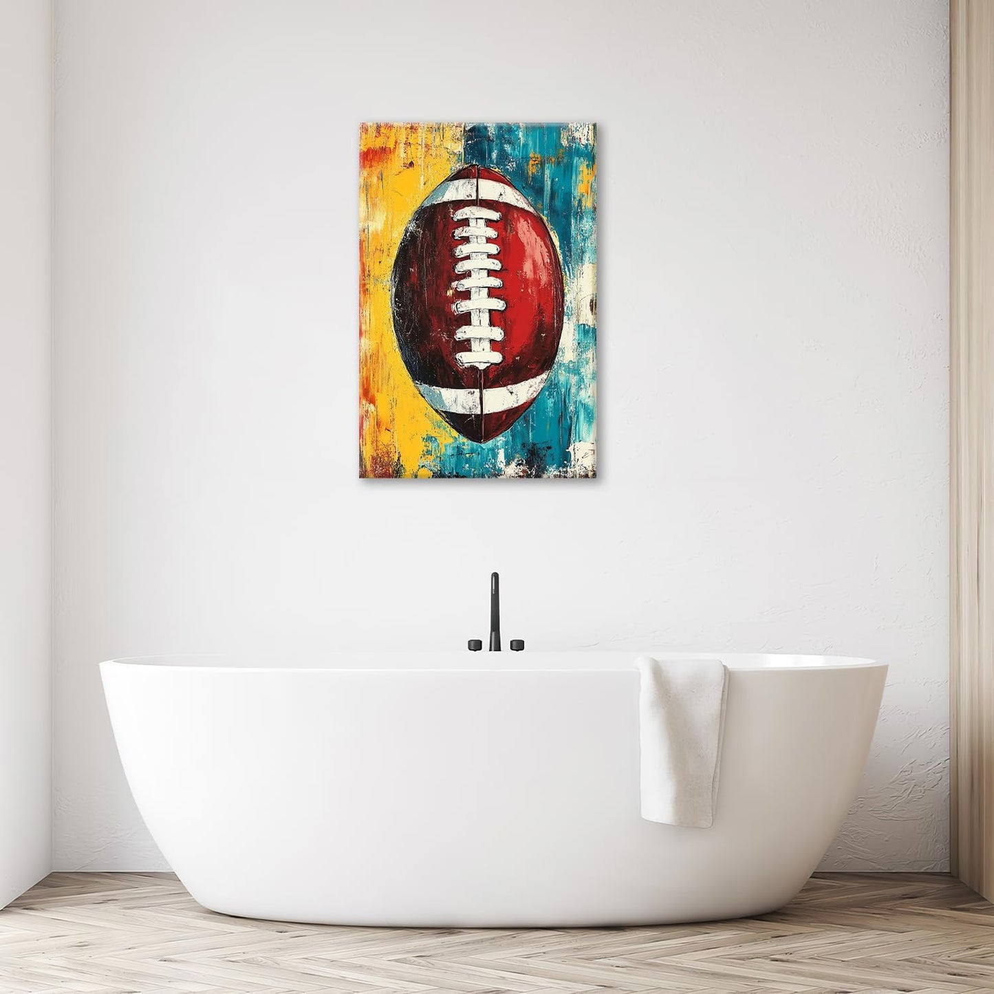 Graffiti Football Bathroom Pictures Wall Art, Rugby Sport Bathroom Wall Decor, Colorful Football Framed Painting Canvas Artwork for Bedroom Living Room Decorations 24"L x 16"W