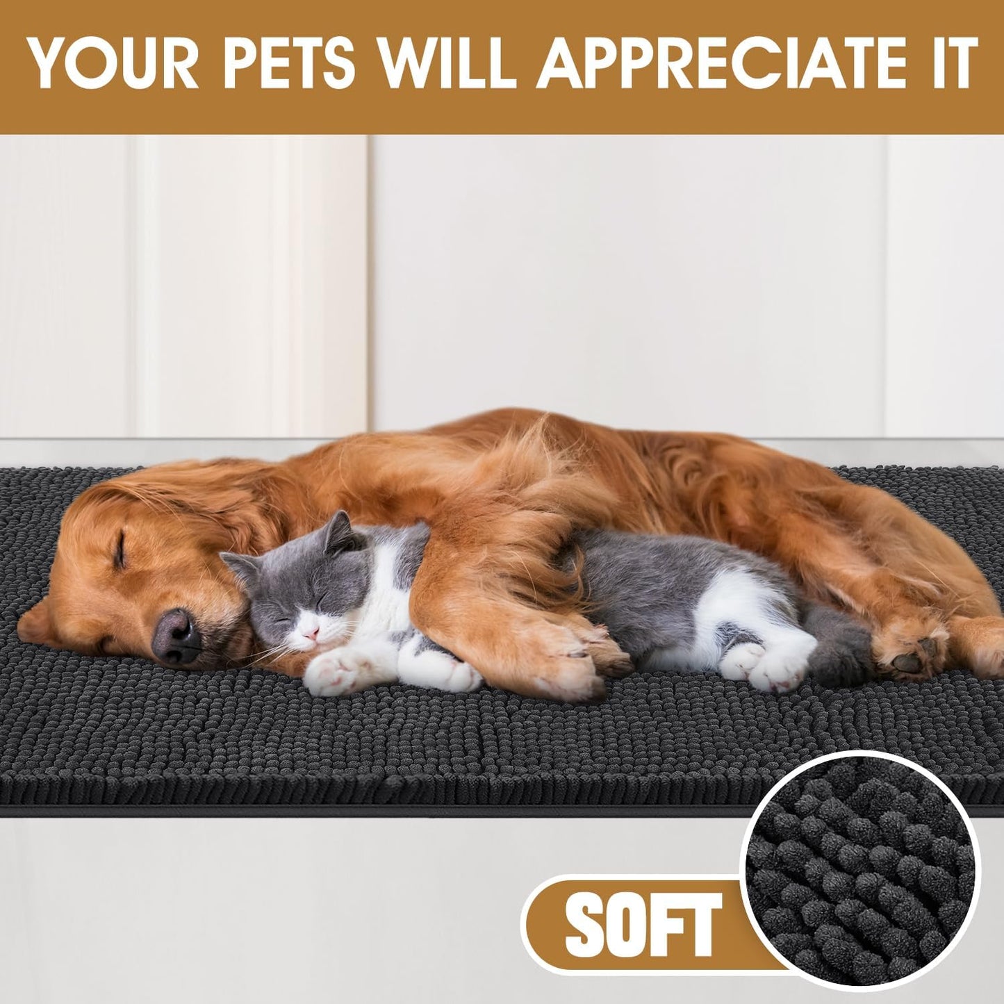 2 Pieces Muddy Door Mats for Dogs, Chenille Absorbent Pet Mats, Quick Dry, Trap Dirt Non Slip Heavy Indoor Doormat Soft Dog Bed Mat Front Inside Door Mat for Indoor Outdoor Entrance,Dark Grey