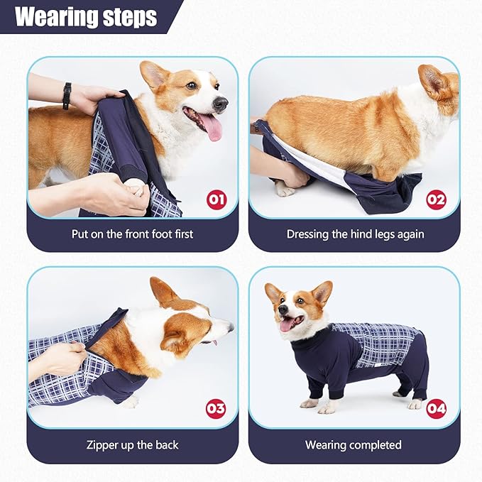 Dog Recovery Suit, Abdominal Wound After Surgery Wear, Anti Licking Bodysuit with Zipper, E-Collar & Cone Alternatives, Plaid Dog Spay Surgical Shirt Prevent Shedding(Small, Blue)