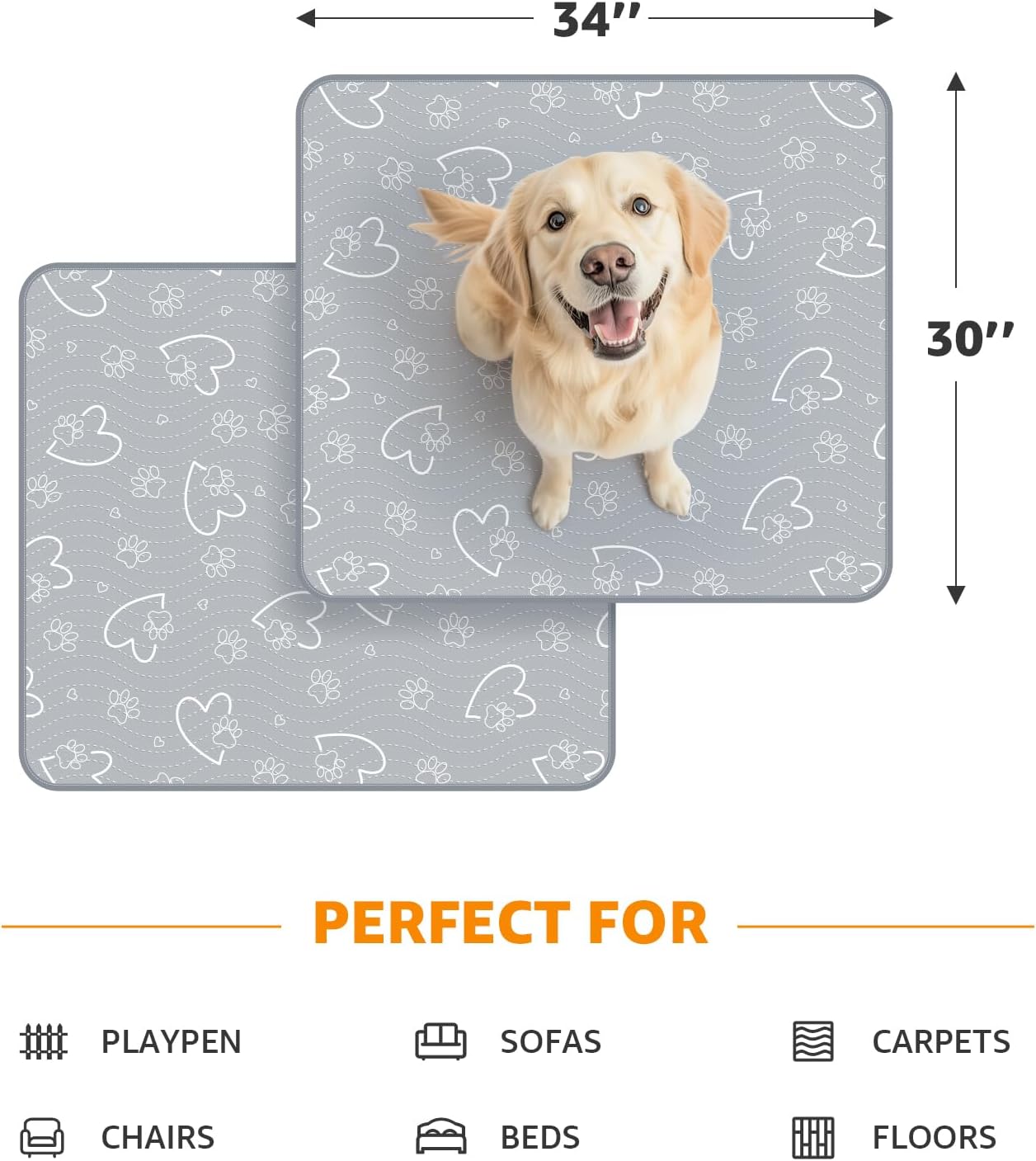 Washable Pee Pads for Dogs Reusable: 2 Pack Reusable Puppy Pads Waterproof and Absorbent - Non-Slip Dog Whelping Pads for Crate, Floor, Couch, 30"x 34"