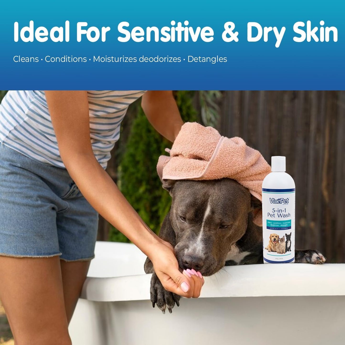 VLUEPET | Pet Wash - Gentle Solution for Cleans, Conditions, Deodorizes, Detangles and Hair Moisturizes with Oatmeal & Aloe Formula- Itchy Skin Relief- Sulfate Free, Plant Based, All Natural- 16 fl oz