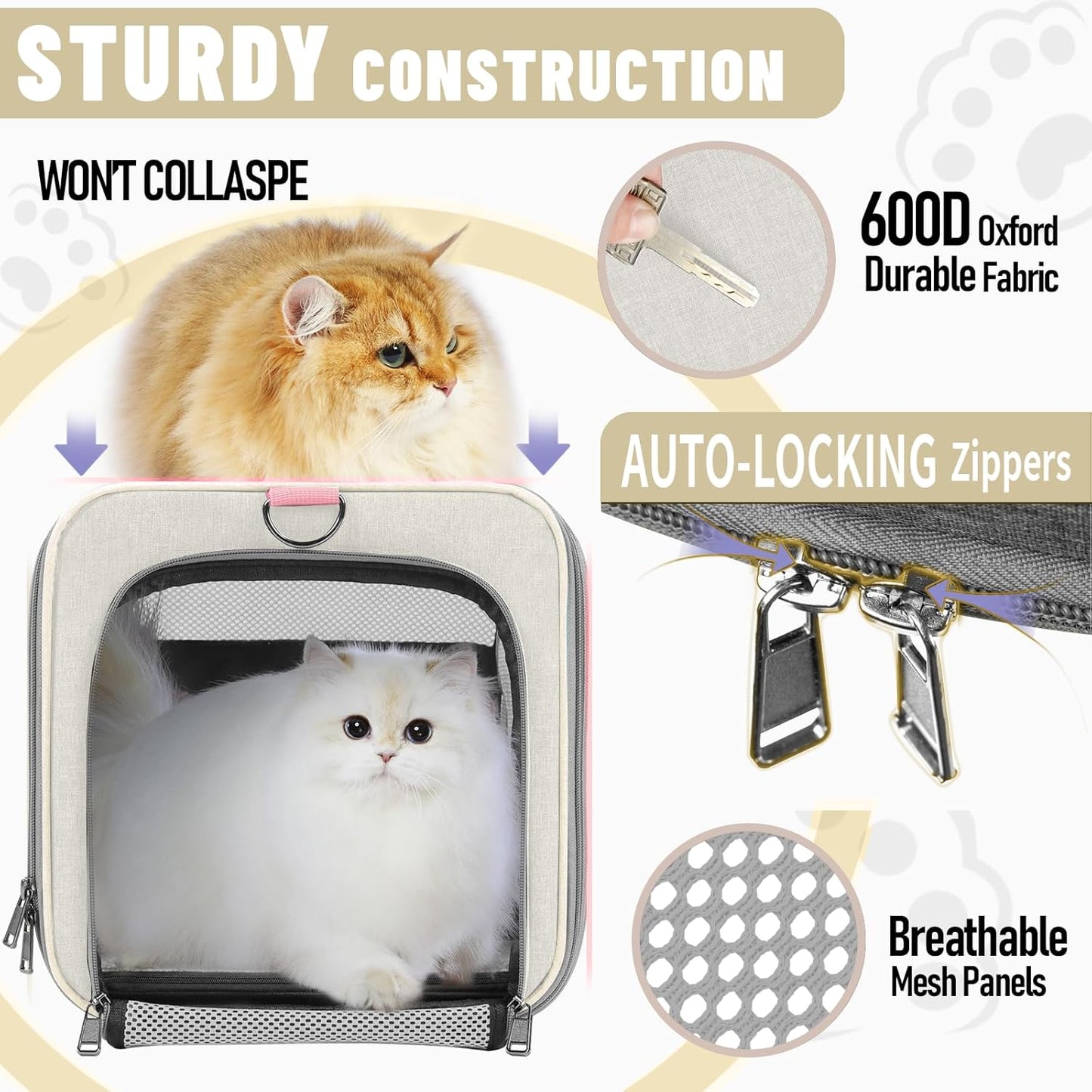 Pet Carrier for Large Cat 20 lbs+ / Soft Sided Small Dog 12 Pounds Travel Crate Top Load/Collapsible Kitty Carry Bag Big Kitten Mesh/Sturdy Animal Transport cage Kennel Long Trips Beige
