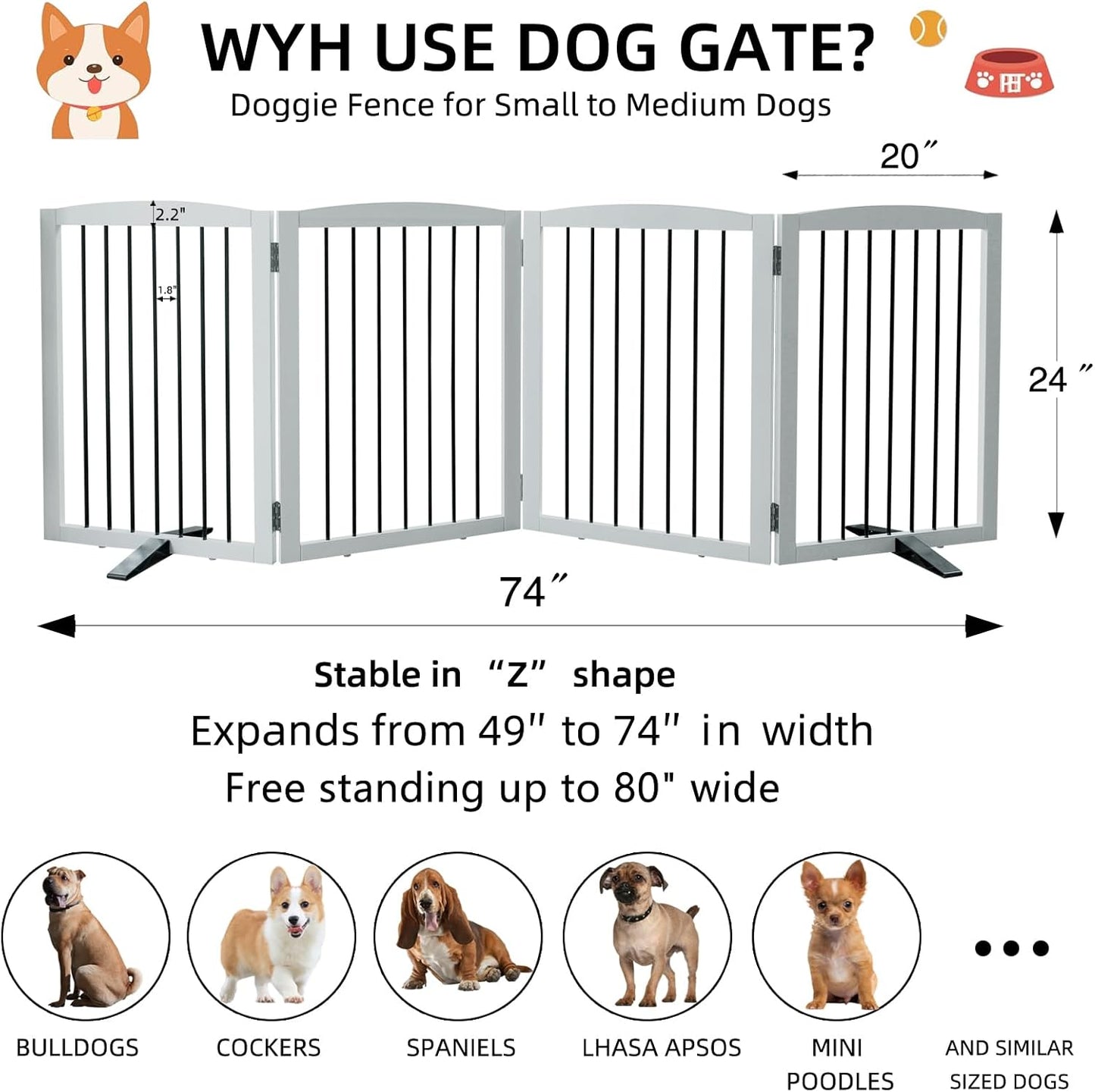 ZJSF Freestanding Panel Dog Gate for Indoor, Doorways,Stairs, or Hallways,Foldable Wooden White Pet Gates for House,Pet Gate for Dogs,Dog Fence, Puppy Gate,Support Feet Included,24 "Height-4 Panels