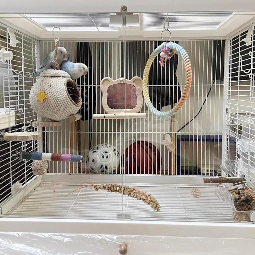 Gradient Colorful Cotton Rope Bird Swing Cage Hanging Toys for Birds Like Parakeets Parrots Cokatiel Budgies Bite Resistance Perch Stand Toys Bird Cage Accessories Perches