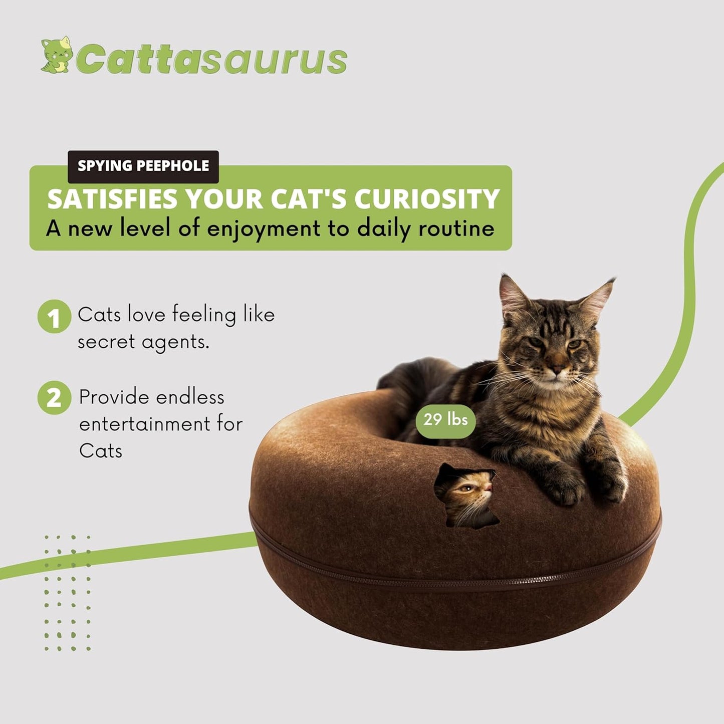 Cattasaurus Peekaboo Cat Cave for Multiple & Large Cats Up to 30-45 Lbs, Scratch Detachable & Washable Tunnel Bed, Comfy Donut Cat Cave (Brown, Jumbo)