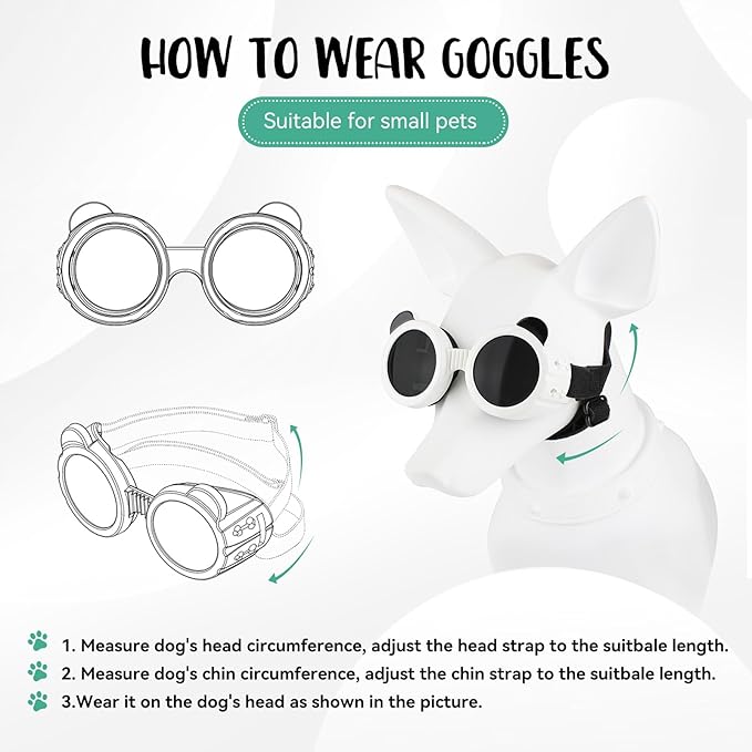 Dog Goggles for Small Breed UV/Wind/Dust Protection Puppy Sunglasses with Adjustable Strap - White