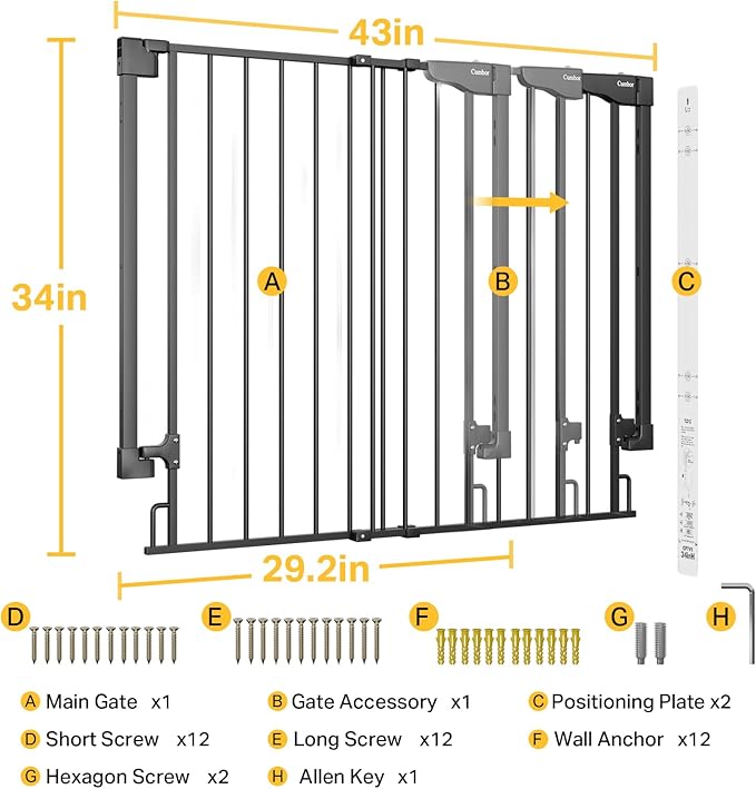 Cumbor 34" Extra Tall No Bottom Bar Baby Gate for Stairs, Auto Close Dog Gate Indoor for Larger Pets, 29.2-43" Hardware Mounted Safety Gate for Doorways, Wide Walk Thru Door for Easy Access (Black)