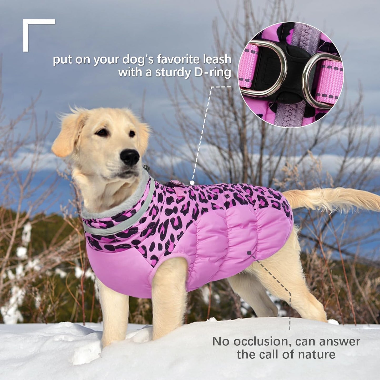 FUAMEY Dog Coat for Large Dogs,Waterproof Dog Winter Jacket with Harness Built in Puppy Cold Weather Coats Reflective Pet Vest with Zipper Warm Fleece Dogs Snowsuit Windproof Pink Leopard XL
