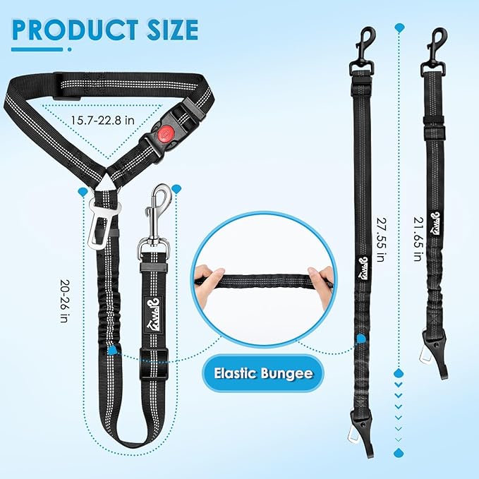 Lukovee Dog Seatbelt Leash for Cars, 2 Pack Pet Safety Car Seat Belt with Adjustable Buckle & Reflective Bungee, Connect Dog Harness in Vehicle Car Dogs Restraint Travel Daily Use (Black)