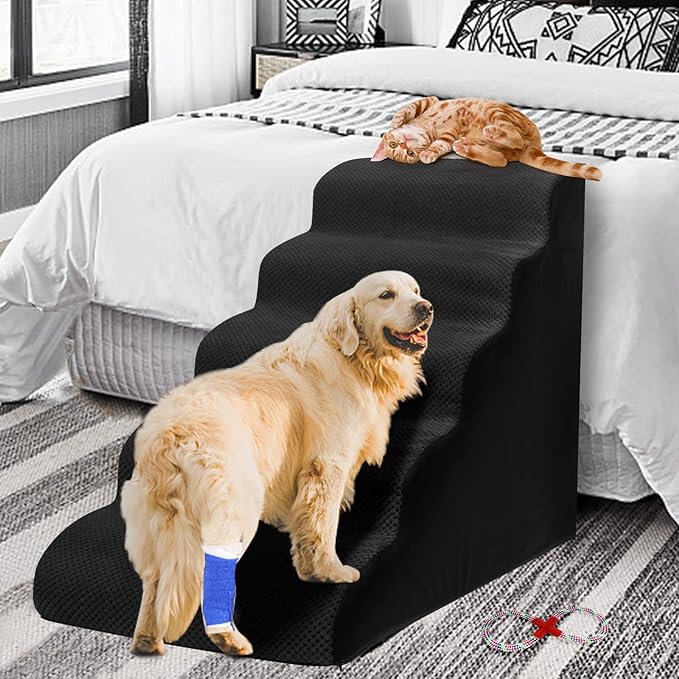 Dog Steps&Stairs for High Beds 24.4 inches High Up to 24-28 inches Bed, Tall Extra Wide Pet Stairs/Steps for High Bedsides,Non-Slip Dog Ramps for Small Older Dogs/Cats(Black)