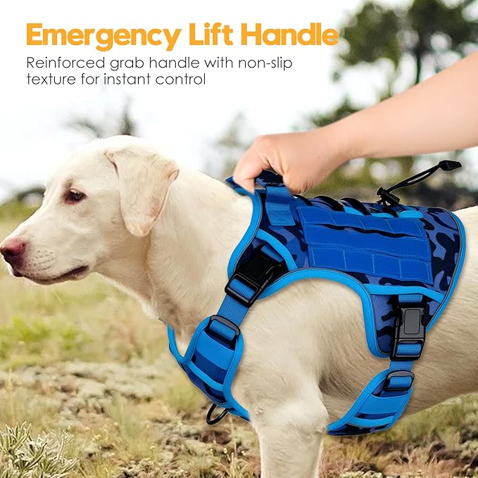 Heavy-Duty Tactical Dog Harness for Large Dogs, No Pull Adjustable Reflective Pet Vest with Molle System, K9 Military-Grade Control for Service Training, Outdoor & 10+ Breeds, Blue Camo, XX-Large