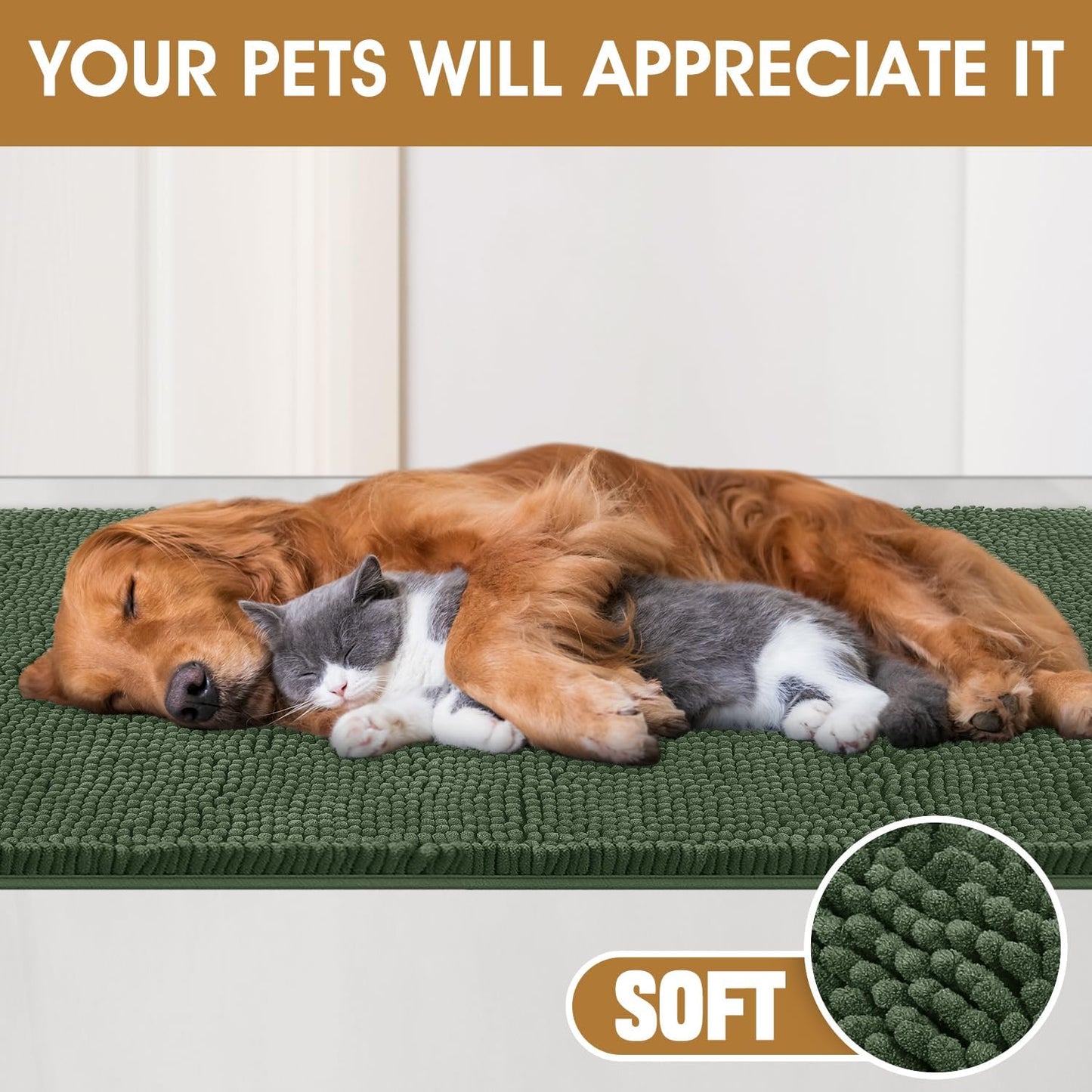 Dog Door Mats for Muddy Paws, Chenille Absorbent Door Mats, Non Slip Heavy Mud Mat for Dogs, Soft Indoor Door Mat for Entryway, Mud Paws, Inside Floor,36" X 24", Olive