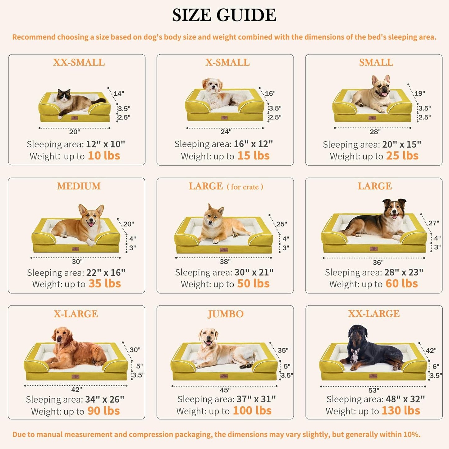 Comfort Expression Small Dog Beds Waterproof Orthopedic Foam Dog Sofa Beds for Small Dogs Comfy Pet Bed with Washable Removable Cover & Non-Slip Bottom(X-Small,Spicy Mustard)